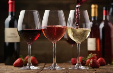 Naklejka premium Wine glasses with various wines and strawberries on wooden table, surrounded by bottles; red wine pouring into glass.