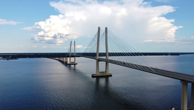 Wide shot of a cable-stayed bridge spanning a calm body of water under a partly cloudy sky
