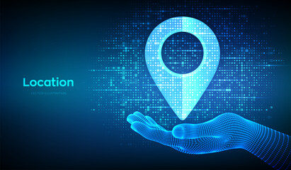 Point of location icon made with binary code in wireframe hand. Pointer of map. Gps pointer. Navigation pin point global position system symbol. Digital background with digits 1.0. Vector Illustration