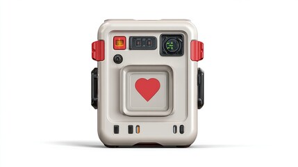 Beige square gadget with red heart, knobs and buttons on a white background