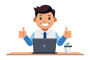 Happy businessman giving thumbs up while working on laptop
