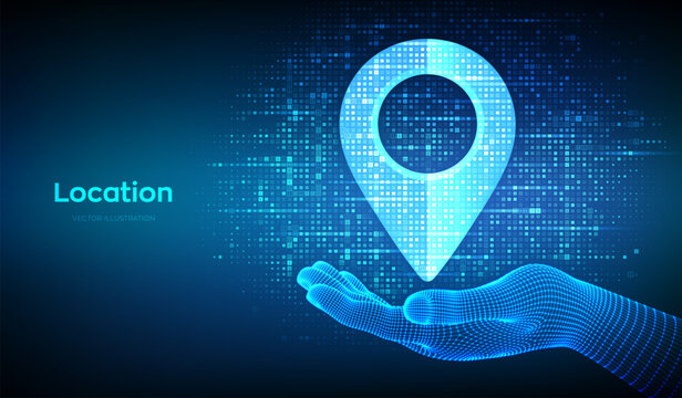 Point of location icon made with binary code in wireframe hand. Pointer of map. Gps pointer. Navigation pin point global position system symbol. Digital background with digits 1.0. Vector Illustration