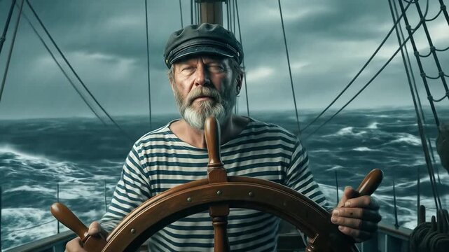 Sea Captain Steering Ship Through Stormy Weather, Maritime Adventure