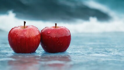 Tranquil Scene: Two Red Apples with Water Droplets on Blue Surface, Blurred Water Background with Wave Crashing on Shore.