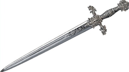 Ornate silver sword with detailed hilt and scabbard lying on white background