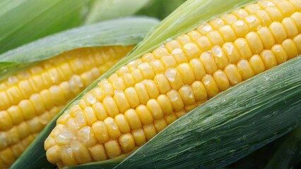 Closeup shot of fresh yellow corn on the cob with water droplets, showcasing overlapping kernels and vibrant green leaves.