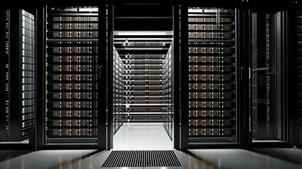 Seamless journey through dark modern data center with endless rows of server racks blinking lights for high tech computing cloud services big data management connectivity security concept - Powered by Adobe