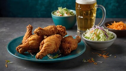 Crispy Fried Chicken Drumsticks on Blue Plate with Beer.