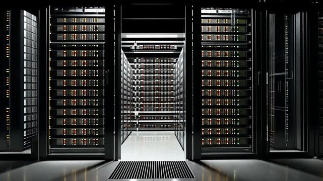 Seamless journey through dark modern data center with endless rows of server racks blinking lights for high tech computing cloud services big data management connectivity security concept