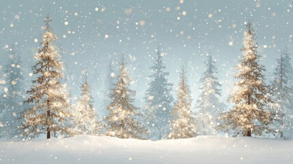 Obraz premium Enchanted Winter Wonderland: Snow-Covered Pines Adorned with Sparkling Lights Under Falling Snow