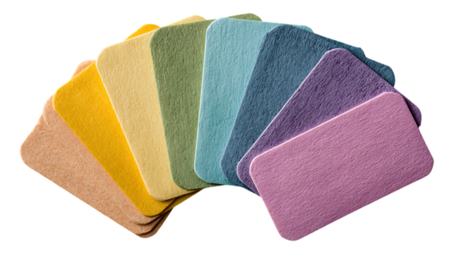 A colorful display of rectangular cards arranged in a semi circular pattern view  isolated on white  or transparent background.