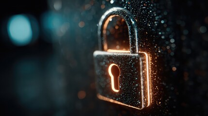 Create a descriptive title (6-180 characters, no keyword lists).     *   "Close-up of a metallic padlock with a glowing orange keyhole, symbolizing digital s...