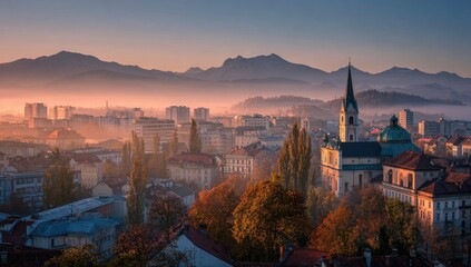 Panoramic cityscape at dawn, featuring a city nestled amidst autumnal foliage, with mountains in the hazy distance