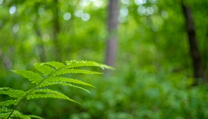 A vibrant fern leaf stands out against a soft-focus backdrop of lush green forest foliage.