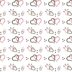 Seamless romantic heart pattern decorated with pink and brown hearts and tiny dots on a white background.