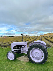 Fototapeta premium Lavender tractor in scenic countryside field landscape
