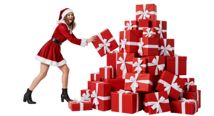 Playful Santa: Kneeling Woman with Towering Gift Piles