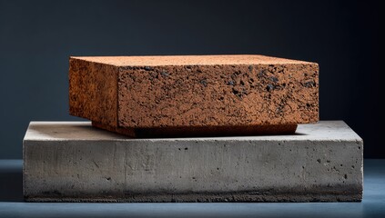 A textured, burnt-orange brick rests atop a larger, light-grey concrete block against a dark backdrop.  The image emphasizes material contrast and simple geometric shapes