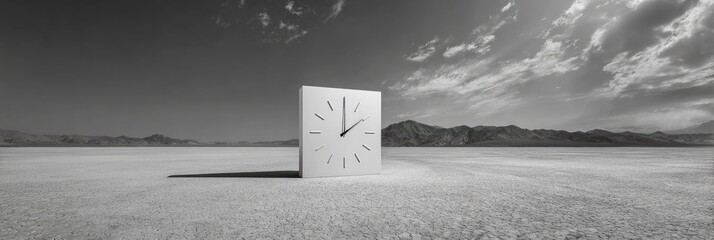 Fototapeta premium A large, square clock sits on a vast, empty desert