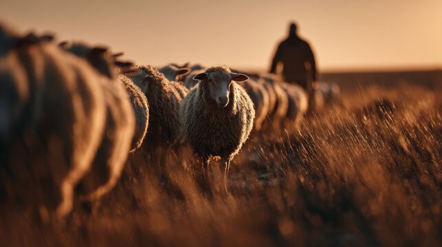 Shepherd guiding flock of sheep across meadow at sunset nature photography tranquil landscape scenic viewpoint rural concept