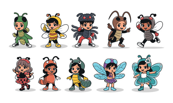 Kids with insect costume vector graphic illustration set