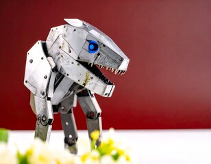 Metallic dinosaur robot, weathered look, posing near white flowers against a dark red backdrop