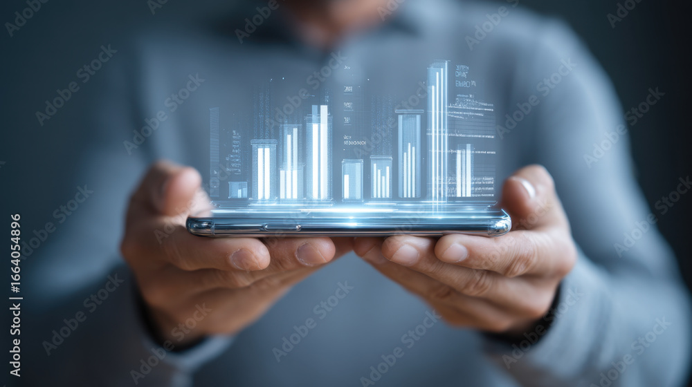 Poster innovative technology showcases person holding smartphone displaying holographic data visualizations