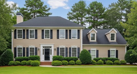 Obraz premium A beautiful twostory suburban house with a tan facade, black shutters, and a dark roof, surrounded by lush green trees and manicured bushes under a partly cloudy blue sky
