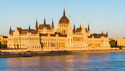 Fototapeta premium The Hungarian Parliament Building stands majestically along the Danube River at dawn, bathed in golden light.
