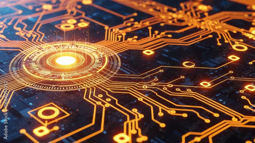 Aufkleber an intricate orange circuit board glows with digital energy, representing advanced technology and co
