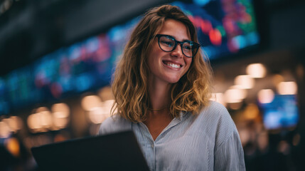 Fototapeta premium Smiling woman with glasses working on laptop in modern office environment, surrounded by digital screens displaying financial data, exuding confidence and professionalism