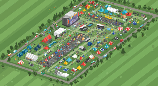 This expansive flat design illustration offers a high-angle view of a large music festival, showcasing its stages, tents, food areas, and energetic crowds from above.