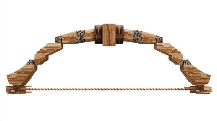 A pixelated wooden bow with a tan string, segmented limbs, dark brown accents at the grip and ends, and a Celtic knot-like pattern