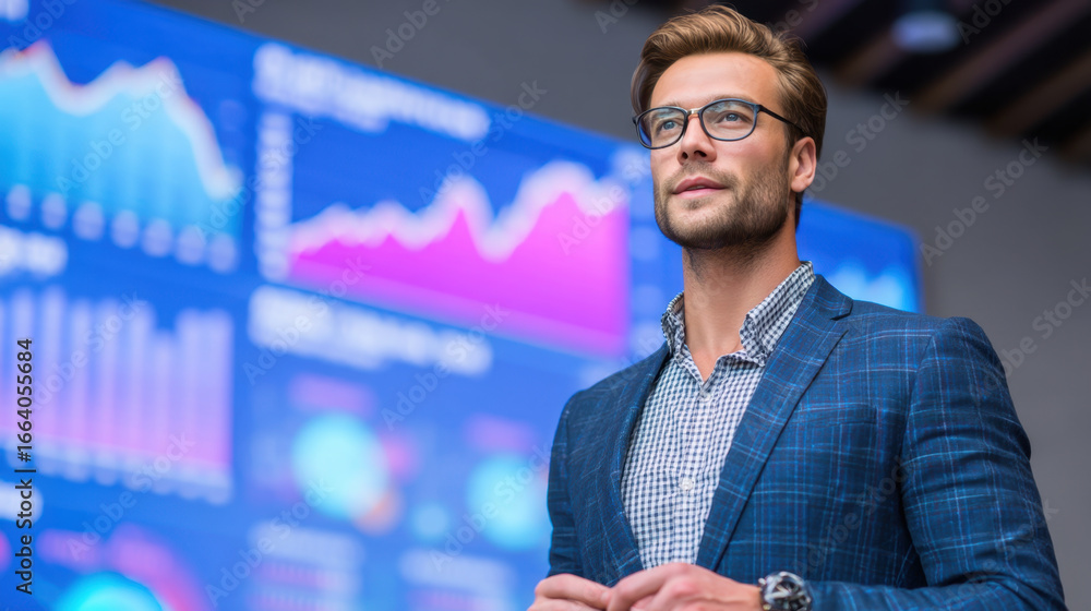 Aufkleber professional man in stylish suit stands confidently in front of digital display showcasing various d