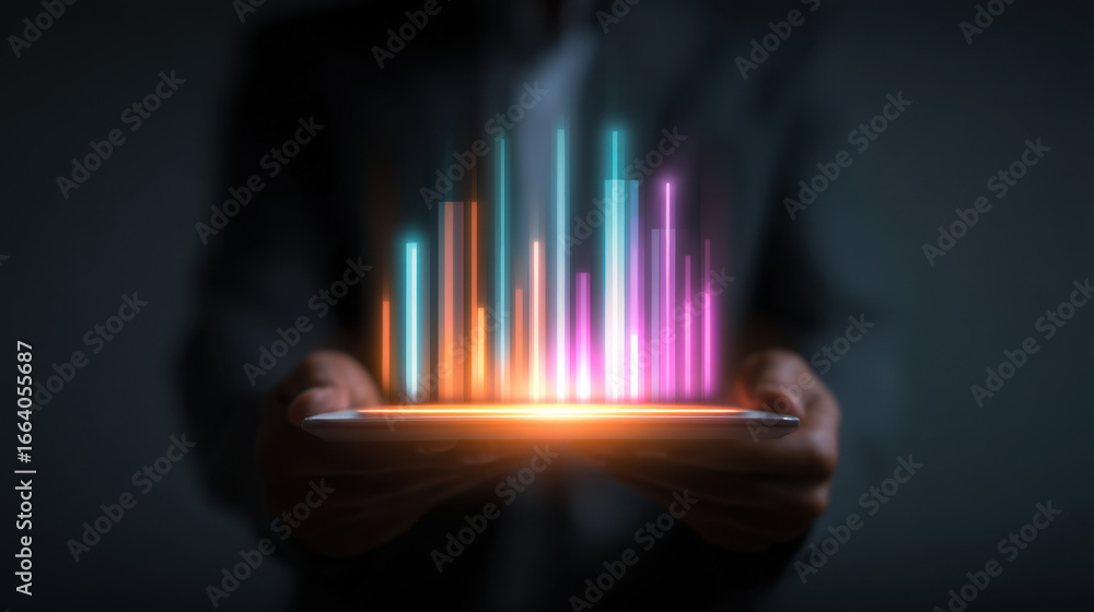 Poster digital data visualization with colorful bars emerging from tablet, representing technology and inno