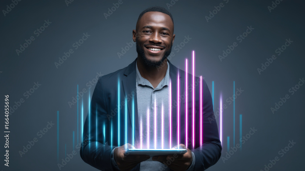 Poster smiling man holds tablet, surrounded by vibrant digital graphs and data visualizations. scene convey