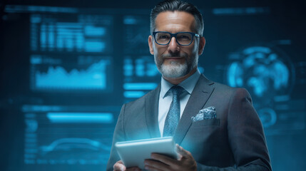 Professional man in suit holding tablet, smiling confidently in modern office environment with digital data displays in background. atmosphere conveys innovation and technology