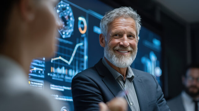 Confident businessman smiles during presentation, showcasing data analytics on screen. atmosphere is professional and engaging, highlighting teamwork and innovation