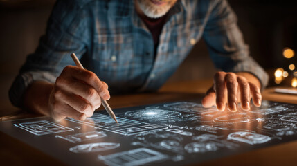 Creating digital design requires focus and creativity. person is seen sketching on glowing touchscreen, surrounded by various design elements and blueprints. atmosphere is inspiring and innovative