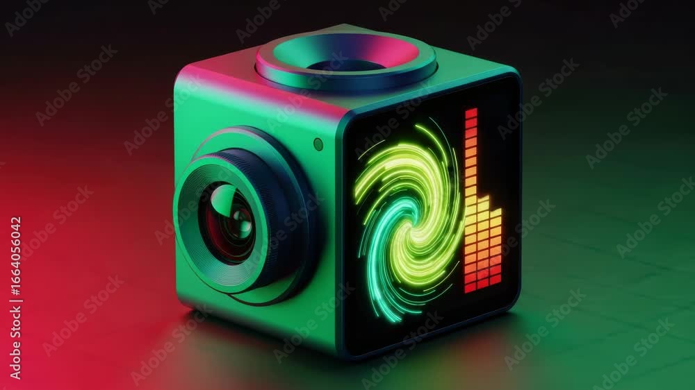 Poster a futuristic cubeshaped camera with a dynamic neon visualizer and equalizer display, illuminated by 