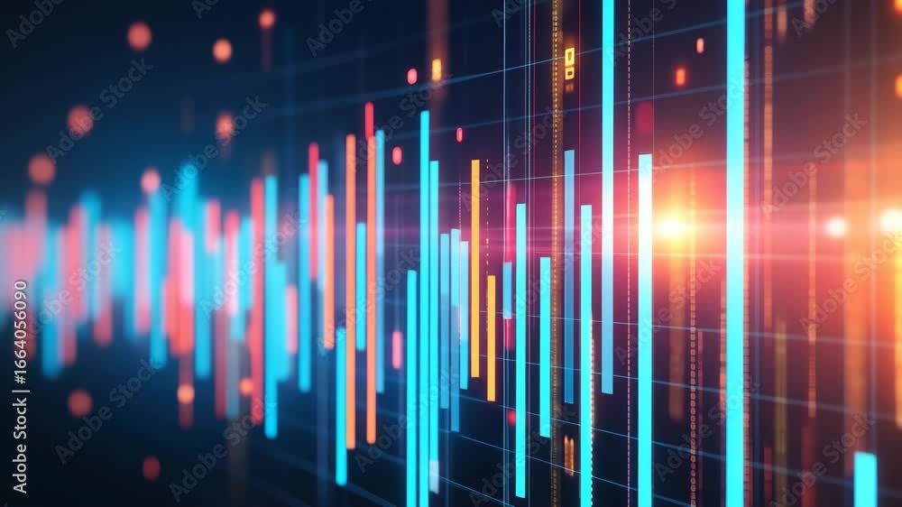 Poster Digital data visualization with colorful vertical bars and glowing light effects showing dynamic abstract graph chart technology