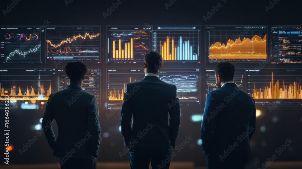 Poster business professionals analyze data on digital screens, showcasing financial graphs and statistics. 