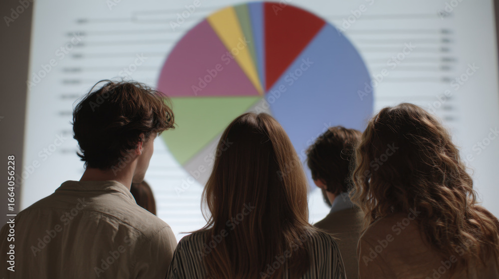 Poster engaged audience observing colorful pie chart presentation, showcasing data analysis and teamwork in