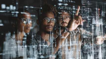 Innovative team analyzing data on digital interface, showcasing collaboration and technology. individuals display focus and determination while interpreting complex information