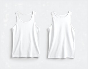 Two white tank tops laid flat, front and back views