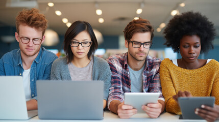 Collaborative group of young adults engaged in technology, using laptops and tablets in modern workspace. atmosphere is focused and productive, showcasing teamwork and digital interaction