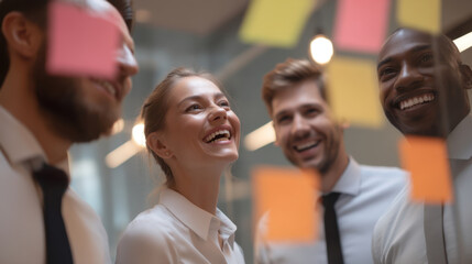 Collaborative team meeting with diverse professionals discussing ideas, smiling, and engaging with colorful sticky notes in modern office environment