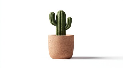 Small, stylized cactus in terracotta pot against white background