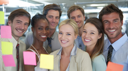 Smiling group of diverse professionals standing together in office environment, showcasing teamwork and collaboration. Colorful sticky notes in background add creative touch to atmosphere