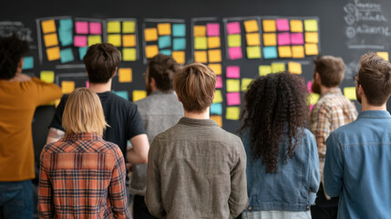 Collaborative brainstorming session with diverse individuals engaged in creative planning. Colorful sticky notes on black wall enhance atmosphere of teamwork and innovation